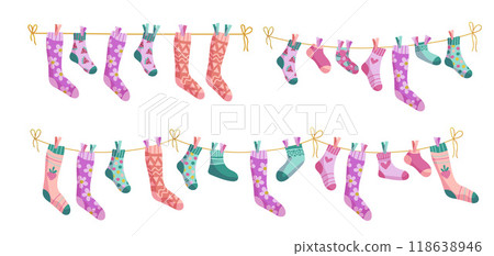 Clothesline socks illustration set. Socks on a rope, Baby socks with patterns vector cartoon. 118638946