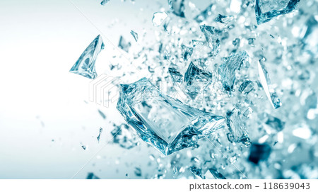 Shards of glass flying through the air breaking into pieces 118639043