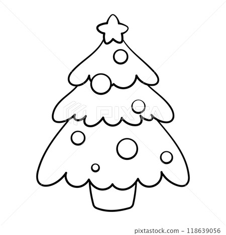 Christmas tree line art illustration, pine tree isolated on white background. For printable children's and adults coloring page or book, kids toddler activity. Christmas tree line art illustration, pine tree isolated on white background. For printable children's and adults coloring page or book, kids toddler activity. 118639056