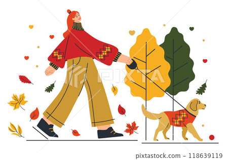 Girl walking with dog. Autumn mood, foliage. Flat cute cozy illustration Girl walking with dog. Autumn mood, foliage. Flat cute cozy illustration 118639119