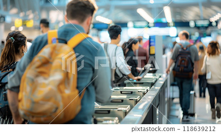 Busy airport security, travelers organizing belongings in bins, moving through scanners, Busy airport security, travelers organizing belongings in bins, moving through scanners, 118639212