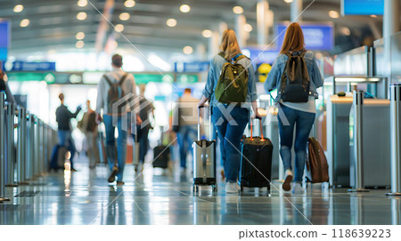 Airport security area, travelers placing items in bins, walking through scanning machines, Airport security area, travelers placing items in bins, walking through scanning machines, 118639223