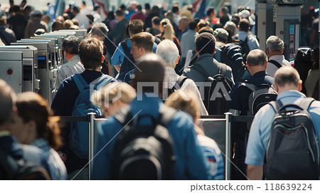 Crowded airport security, travelers placing items in bins, stepping through metal detectors, Crowded airport security, travelers placing items in bins, stepping through metal detectors, 118639224