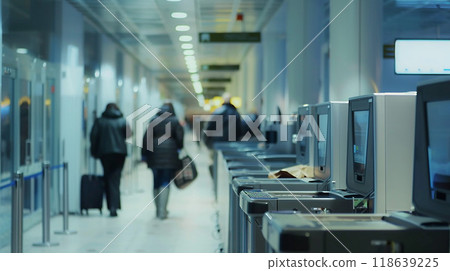 Security checkpoint, travelers placing belongings in bins, walking through scanners, Security checkpoint, travelers placing belongings in bins, walking through scanners, 118639225