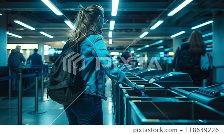 Security checkpoint, travelers placing belongings in bins, walking through scanners, Security checkpoint, travelers placing belongings in bins, walking through scanners, 118639226