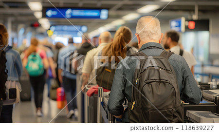 Security checkpoint, travelers placing belongings in bins, walking through scanners, Security checkpoint, travelers placing belongings in bins, walking through scanners, 118639227