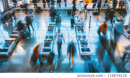 Airport security checkpoint, travelers placing items in bins, moving through security scanners, Airport security checkpoint, travelers placing items in bins, moving through security scanners, 118639228