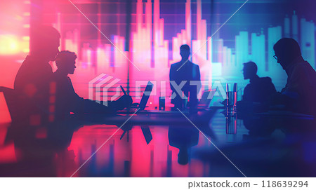 Vector illustration of strategic business meeting, professionals reviewing benchmarking data, blurred stock graph chart, Vector illustration of strategic business meeting, professionals reviewing benchmarking data, blurred stock graph chart, 118639294