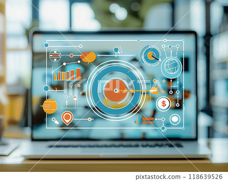 Professional presenting a target board with an arrow and marketing symbols, highlighting a business success direction and plan, high resolution, 118639526