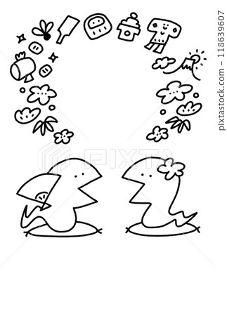 兩條蛇拜年賀年片素材線描幸運符 118639607