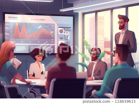 Professionals in office meeting, discussing TV presented infographics and graphs, 3D vector render 118639615