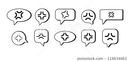 Monochrome anime anger symbol collection. Angry anime icon set in speech bubbles. Vector illustration Monochrome anime anger symbol collection. Angry anime icon set in speech bubbles. Vector illustration 118639862