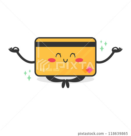 Cute cartoon credit card character in lotus position. Plastic card emoji character doing yoga. Vector illustration 118639865