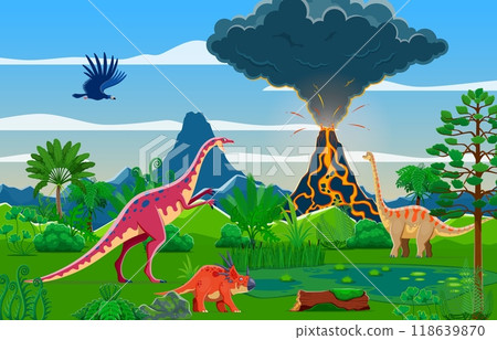 Prehistoric landscape with volcano, dinosaurs and mountains. Cartoon vector prehistoric era world scene with smoking, erupting volcano, dino species at tropical forest with lush natural vegetation 118639870