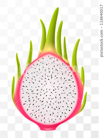 Fresh Dragon fruit isolated on transparent background. Half of Pitaya, cut pitahaya with white flesh and black seeds. Exotic dragon fruit cross section. Tropical vitamin food. Realistic 3d vector. 118640017
