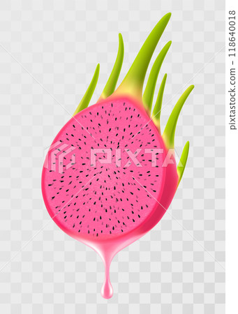 Dragon fruits juice dripping from fresh sliced pitahaya, isolated on transparent background. Ripe pitaya with fresh juice. Bright exotic summer design. Realistic 3d vector illustration 118640018