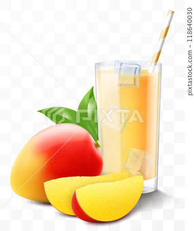 A glass of fresh mango fruit juice or smoothie with ice cubes falling into the glass. Cup of vitamin cocktail or yogurt with tasty mango, isolated on transparent background. Realistic 3d vector A glass of fresh mango fruit juice or smoothie with ice cubes falling into the glass. Cup of vitamin cocktail or yogurt with tasty mango, isolated on transparent background. Realistic 3d vector 118640030