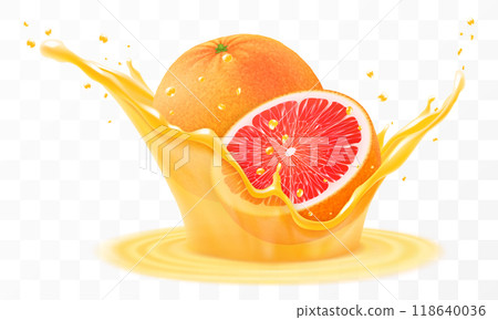 Fresh ripe grapefruit falls into a splash of juice, isolated on transparent background. Realistic 3d vector illustration. Summer vitamin food and drink. Splash of grapefruit juice or smoothie, 118640036