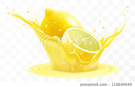 Fresh ripe lemon falls into a splash of juice, isolated on transparent background. Realistic 3d vector illustration. Summer vitamin food and drink. Splash of lemon juice or smoothie, vitamin cocktail 118640049