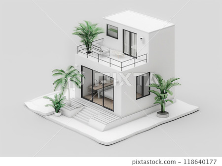 Isometric view of a tiny loft-style house, 3D mockup, white background, modern design elements 118640177