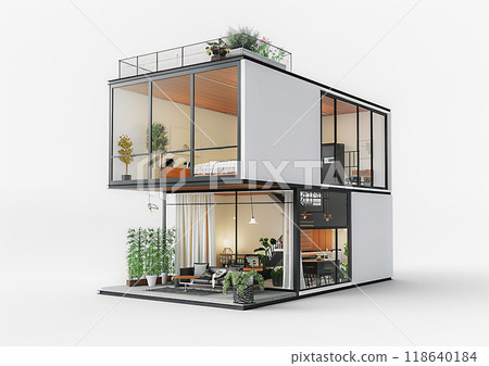 Modern tiny loft-style house, 3D isometric mockup, white background, minimalist design, architectural details 118640184