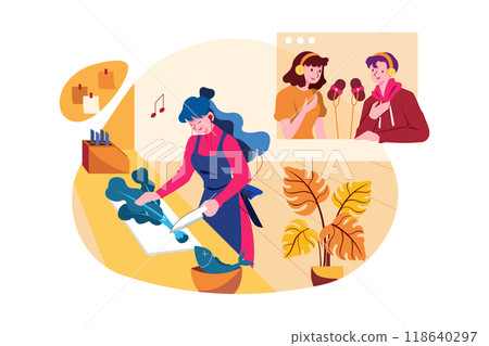 Woman listening to the podcast while cooking Woman listening to the podcast while cooking 118640297