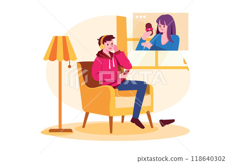 Man sitting on the sofa and listening to the podcast Man sitting on the sofa and listening to the podcast 118640302