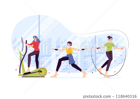 Ladies doing exercise and gym activity Ladies doing exercise and gym activity 118640316