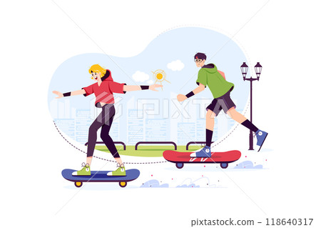 School girl and boy skateboarding at street School girl and boy skateboarding at street 118640317