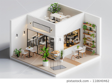 Isometric view of a tiny loft-style cafe, 3D mockup, white background, modern design elements 118640462