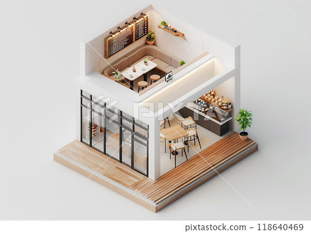 3D isometric mockup of a tiny loft cafe, white background, contemporary architecture, detailed model 3D isometric mockup of a tiny loft cafe, white background, contemporary architecture, detailed model 118640469