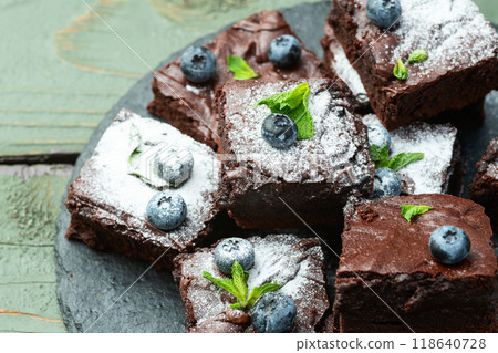 Homemade chocolate brownie photography . Top view 118640728