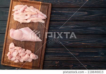 Raw chicken meat fillet ( breast ) Various of cutting in form slice and cube Raw chicken meat fillet ( breast ) Various of cutting in form slice and cube 118640813