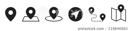 Map pin icon. location pin place marker. Location icon. Map marker pointer icon set. GPS location symbol collection. Modern map markers. Vector illustration. Map pin icon. location pin place marker. Location icon. Map marker pointer icon set. GPS location symbol collection. Modern map markers. Vector illustration. 118640881