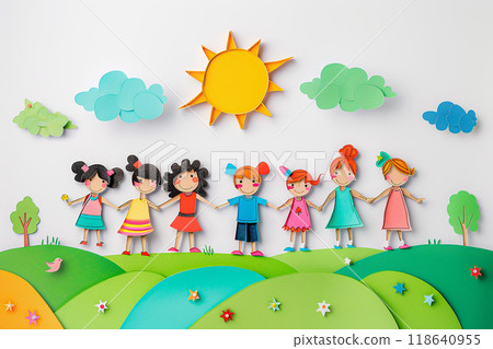 Children holding hands, papercut style, joyful and colorful, simple white backdrop 118640955