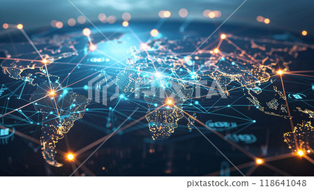 Abstract supply chain network map, global transportation routes, distribution hubs, futuristic background Abstract supply chain network map, global transportation routes, distribution hubs, futuristic background 118641048