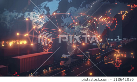 Global transportation and distribution hub map, supply chain network, abstract background, digital style 118641056