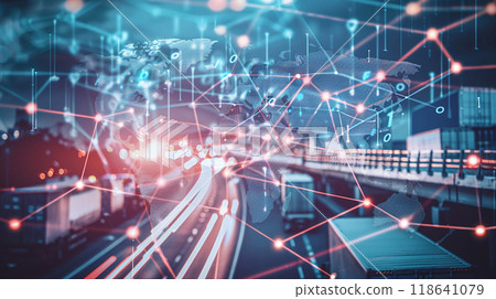 Abstract global supply chain network map, transportation routes, distribution hubs, digital background 118641079