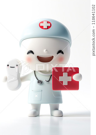 3D insurance character showing a health insurance card, smiling face, white background 118641102