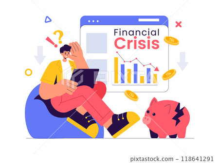 Financial Crisis Vector Illustration of Bankruptcy, Economic Collapse, and Cost Reduction with a Down Arrow in a Flat Style Cartoon Background 118641291