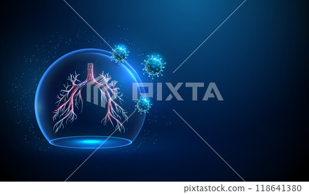 Abstract blue human bronchial tree inside a glass dome attacted by viruses. Neon sphere shield 118641380