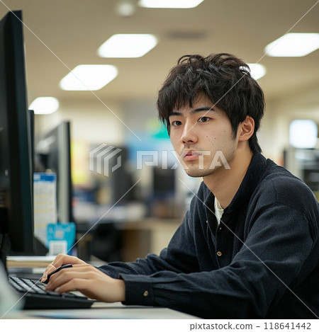 A man who operates a personal computer 118641442