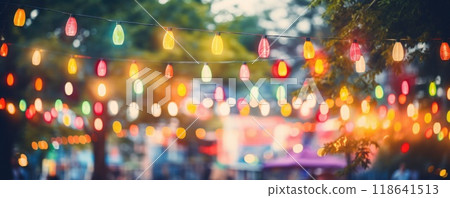 blurry garden background decorated with colorful fairy lights in summer 118641513
