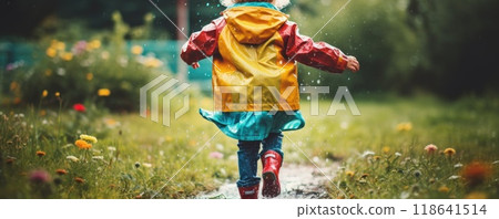 happy little child in rain jacket play in park 118641514