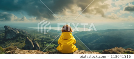 child sit on cliff on mountain view nature landscape 118641516