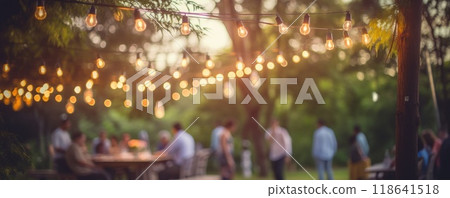 blurry garden wedding background decorated with fairy lights in summer 118641518