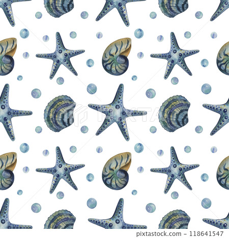 Seamless pattern with starfish, shells, bubbles. Illustration with the underwater world is hand-drawn with watercolors in blue and green shades. For textile design, fabrics, wallpaper, printing. Seamless pattern with starfish, shells, bubbles. Illustration with the underwater world is hand-drawn with watercolors in blue and green shades. For textile design, fabrics, wallpaper, printing. 118641547