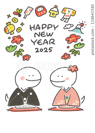 Two snakes giving New Year's greetings New Year's card Kimono 2025 118641580