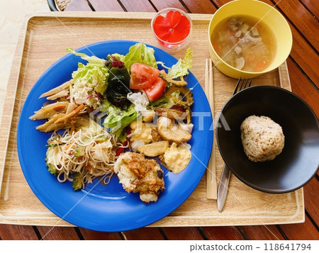 One-plate meal, rice balls and soup eaten at a hotel in Miyakojima 118641794