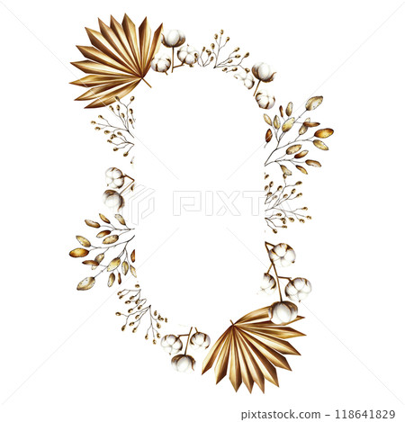 Frame, logo with dried branch, pampas grass, cotton flowers. Watercolor hand drawn boho plants isolated on background. Christmas, winter, and wedding illustration. For designers, invitations, decorati 118641829